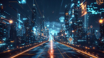 Futuristic cityscape adorned with alchemical symbols that seem to dance in the light, holographic advertisements and advanced technology