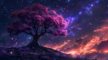 Fantasy scene of a purple tree with cascading petals, vibrant colors contrasting against a starry night sky