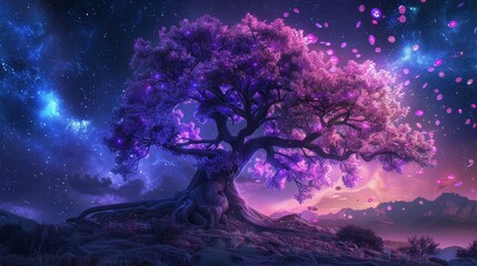 Fantasy scene of a purple tree with cascading petals, vibrant colors contrasting against a starry night sky