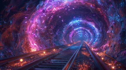 Fantasy tunnel for a railway locomotive, adorned with mystical runes and glowing crystals, a portal to another realm