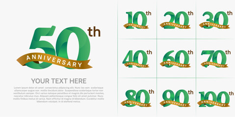 anniversary logotype set vector, green color and gold ribbon for special day celebration