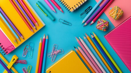 Vibrant back to school background with colorful pencils, books, and stationery arranged in a creative composition, school, education, creativity, stationer