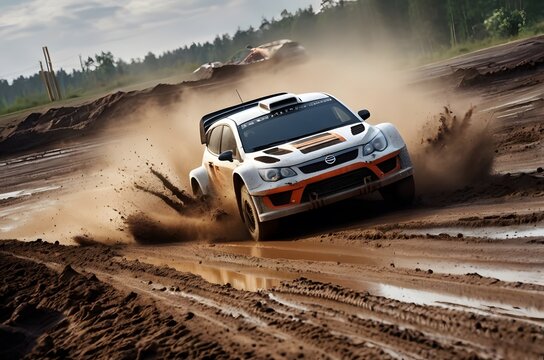 A geep rally car in speed on a muddy track.