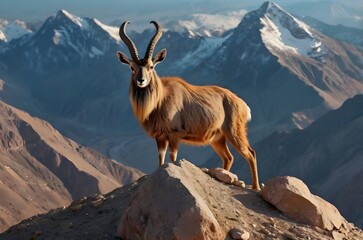 Obraz premium A mountain goat with white snowy mountains in the background.