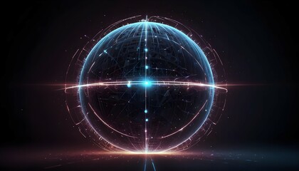 Obraz premium An abstract, futuristic image of a glowing, pulsating sphere surrounded by intricate, illuminated lines and dots against a dark gradient background.