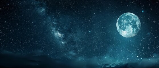 Night sky with full moon, dark and serene, celestial scene, copy space