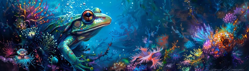 Fototapeta premium Frogman in a deepsea fantasy setting with glowing underwater flora, bioluminescent colors, watercolor