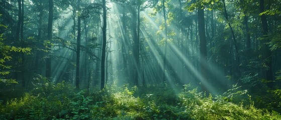 Fototapeta premium Lush green forest with sunbeams, misty morning, vibrant colors, tranquil scene, copy space