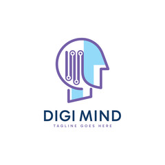 Abstract minimalist digital tech element and head combination logo design template.