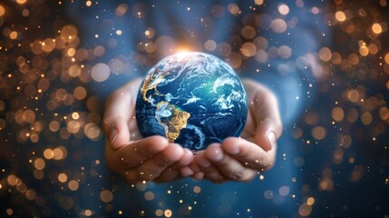 Hands gently cradling Earth, emitting bright lights, journeying through a star-filled cosmic backdrop, showcasing the unity of humanity and nature