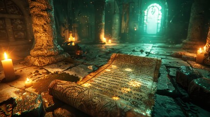 Obraz premium Illuminated scroll with ancient text and glowing symbols, surrounded by enchanted artifacts in a dimly lit chamber