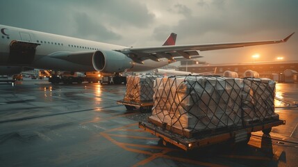 A large white airplane is parked on the tarmac with a large number of boxes on a cart