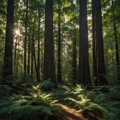 Fototapeta premium A serene forest with tall, ancient trees and dappled sunlight filtering through the leaves.