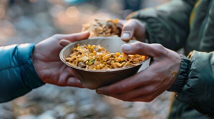 The Hand of the Beggars receives charity food from fellow human beings : The concept of humanitarianism : The hands of refugees have been aided by charity food to alleviate hunger : Feeding Concepts 