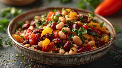 A hearty bean salad with mixed legumes, bell peppers, and a cumin-lime dressing, captured in 32k cel shading with realistic details
