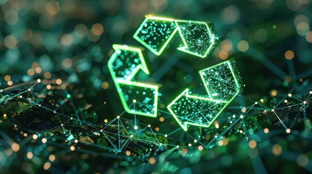 3D recycling symbol in a green neon color, connected to a series of network connections to represent the digitization of waste management