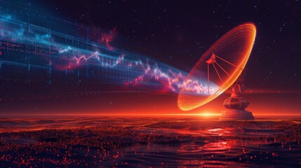 Composite visual of a satellite dish emitting radio waves, with an intricate electromagnetic spectrum and a large area of copy space above