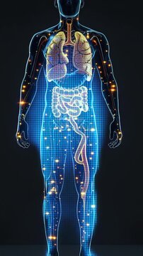 A human figure with the digestive system highlighted on black background, highlighting all focus to human's full body, highlighting camera perspective from front view, medical illustration style
