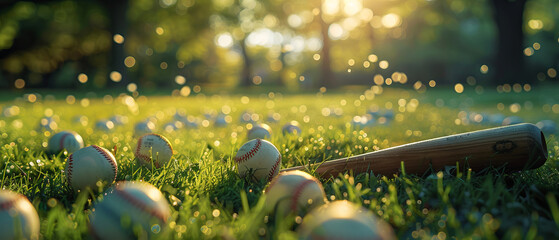 Baseball bat and golf balls lying on the grass under the sun