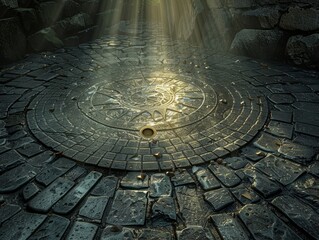 Cobblestone street, manhole cover at the center of a radiant magic circle, illuminating the dark surroundings with magical light