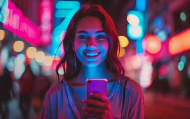 Beautiful Young Woman Using Smartphone Standing on the Night City Street Full of Neon Light. Portrait of Gorgeous Smiling Female Using Mobile Phone which is very attractive
