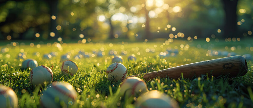 Baseball bat and golf balls lying on the grass under the sun