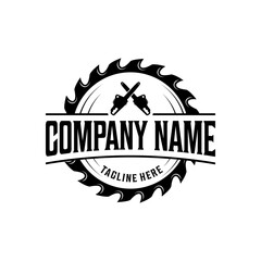 Fototapeta premium Carpentry, woodworking retro vintage logo design. Sawmill saw logo