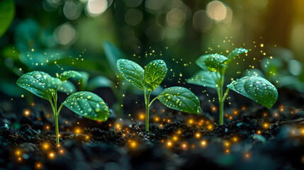 Young plants growing with glowing particles, symbolizing smart farming and technological innovation in agriculture. Ideal for content on sustainable agriculture, technology, and future farming.
