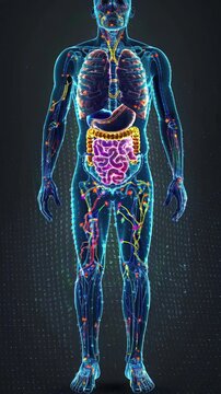 A human figure with the digestive system highlighted on black background, highlighting all focus to human's full body, highlighting camera perspective from front view, medical illustration style