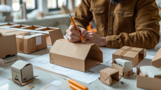 Creative Designer Sketching Packaging Concept on Brown Cardboard with Mockup Box in Background