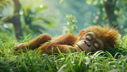 Obraz premium Adorable Baby Animals Sleeping In A Jungle Illustration On A Green Grass Background – Cute And Peaceful Wildlife Scene.