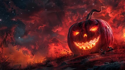 Naklejka premium Massive glowing pumpkin on a haunted hill, a dark, formidable starry blood-red sky looming overhead, creating a spooky atmosphere