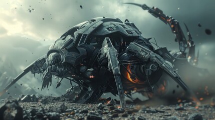 Fototapeta premium Photorealistic wreck of a crashed fantasy spaceship, aliens with sharp claws and scary fangs,