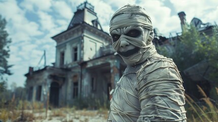 Joyful monster dressed as a mummy, smiling head with bandages, standing in front of a creepy, abandoned house