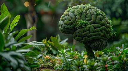 Lush brain-shaped topiary amid diverse plants in an eco-friendly garden, symbolizing green living and environmental consciousness