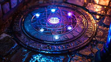 Obraz premium Manhole cover close up featuring alchemical symbols, bathed in vibrant neon light, evoking a mystical, otherworldly feel