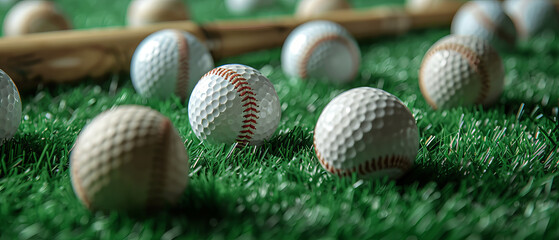 Creative scene of baseball bats and golf balls on grass