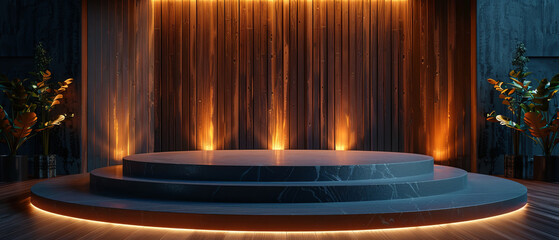 Detailed view of a podium in a sophisticated setting with ambient lighting
