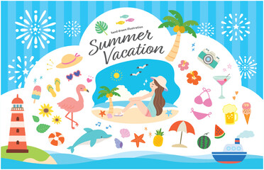 夏、海のかわいい手描きイラストセット