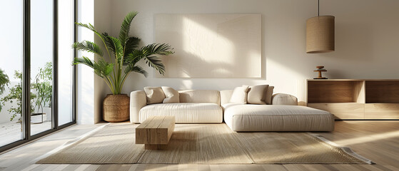 Elegant minimalist living room with neutral colors and natural light