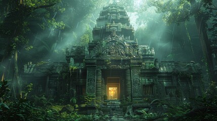 Mysterious ancient temple in a dense jungle, illuminated by an ethereal glow, with intricate carvings and mystical symbols radiating light