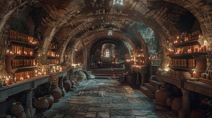 Fototapeta premium Mysterious underground laboratory adorned with alchemical symbols that seem to dance in the light, ancient potions and scrolls everywhere