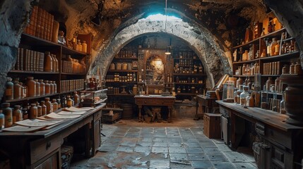 Mysterious underground laboratory adorned with alchemical symbols that seem to dance in the light, ancient potions and scrolls everywhere