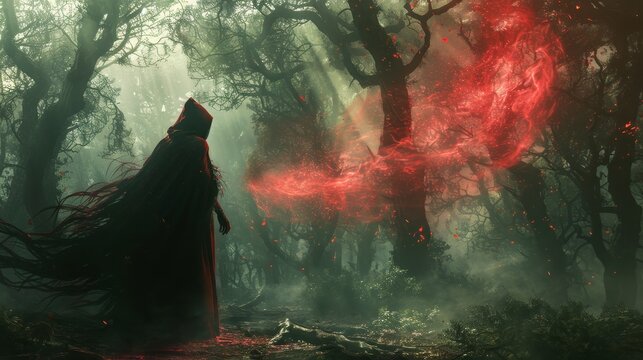 Mystic sorcerer wielding red mist, casting powerful spells, deep within a forest of twisted, eerie trees