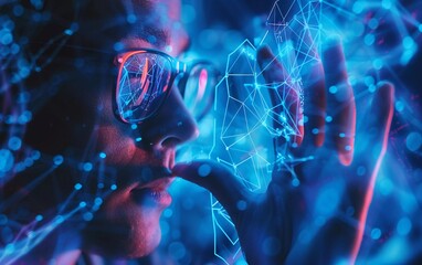 Metaverse and Blockchain Technology Concepts. Person with Glasses tries to Touching Objects for Experiences of Metaverse Virtual World. Very exciting futuristic