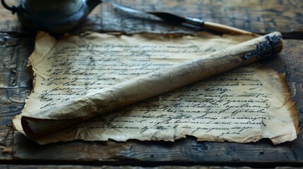 Old parchment scroll with faded mystical writings, lying next to a quill and inkpot on a rustic wooden surface