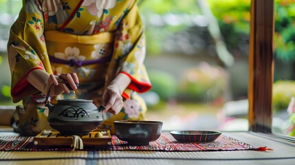 traditional Japanese tea ceremony in progress, with a kimono-clad tea master gracefully performing the precise movements of tea preparation