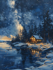 Cozy winter cabin illuminated under a starry night sky, surrounded by snow-covered trees and a tranquil frozen lake, perfect for seasonal and holiday-themed projects. Copy space available.