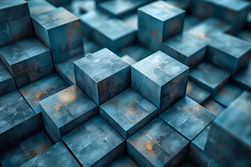 Abstract geometric pattern featuring  cubes in cool blue tones with subtle golden highlights, ideal for modern backgrounds and digital designs. Copy space available