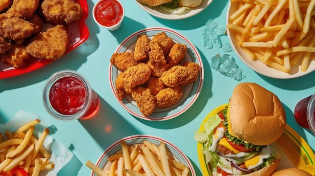 Fast Food Variety on Blue Table